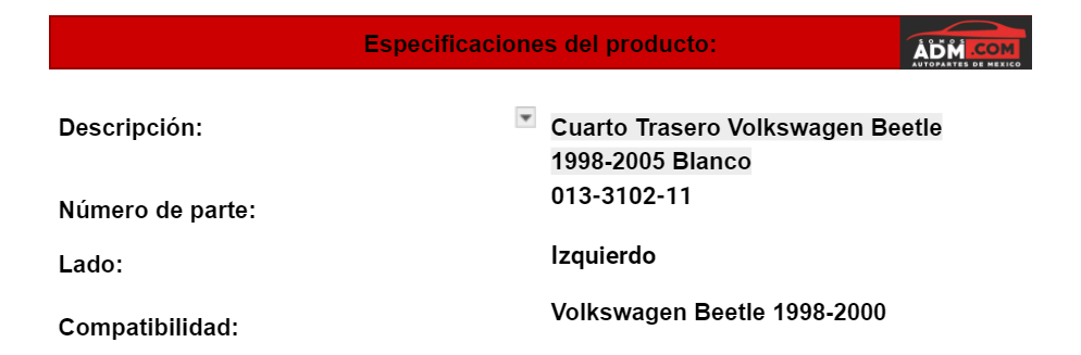 Cuarto Trasero Volkswagen Beetle 1998-2005 Blanco