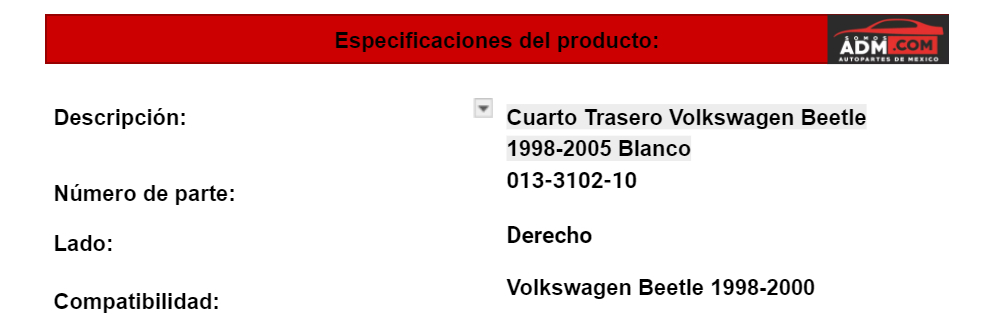 Cuarto Trasero Volkswagen Beetle 1998-2005 Blanco