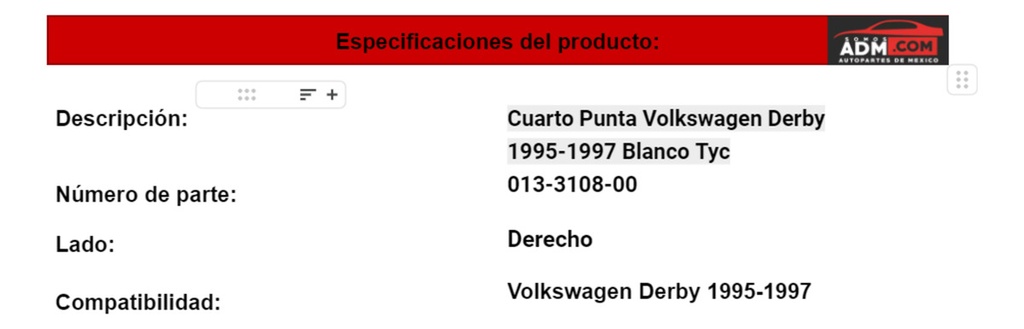 Cuarto Punta Volkswagen Derby 1995-1997 Blanco Tyc
