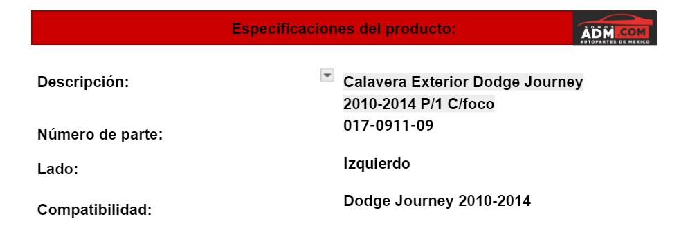 Calavera Exterior Dodge Journey 2010-2014 P/1 C/foco