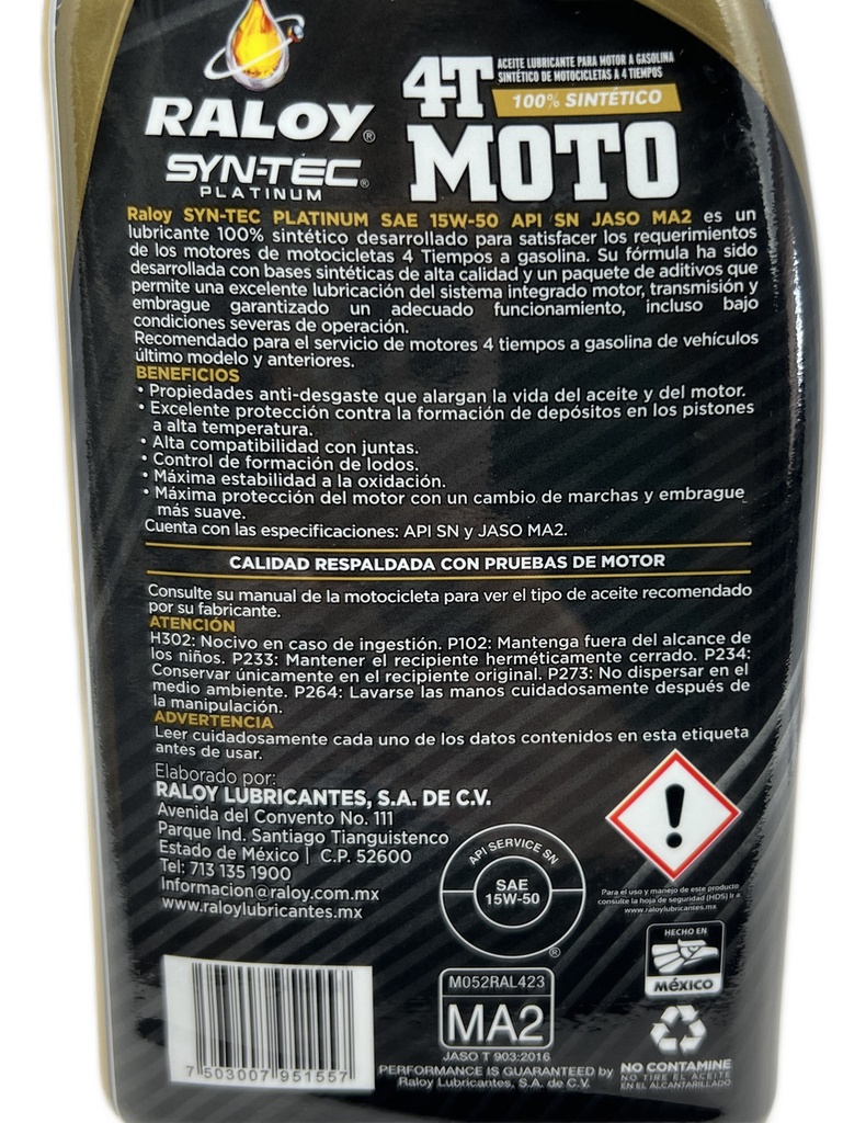 Aceite Raloy Moto Sintetico Platinum Moto 4t 15w50 Api