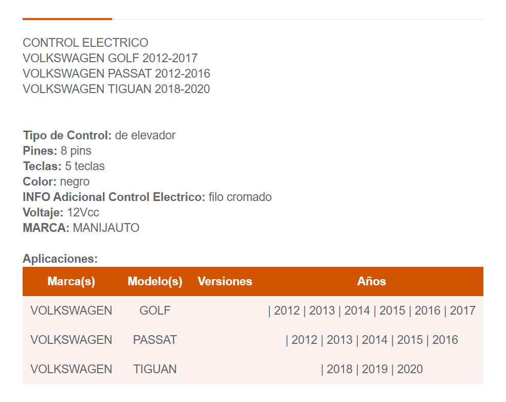 Control Eléctrico Elevador Vw Golf/ Passat/ Tiguan 8 Pines