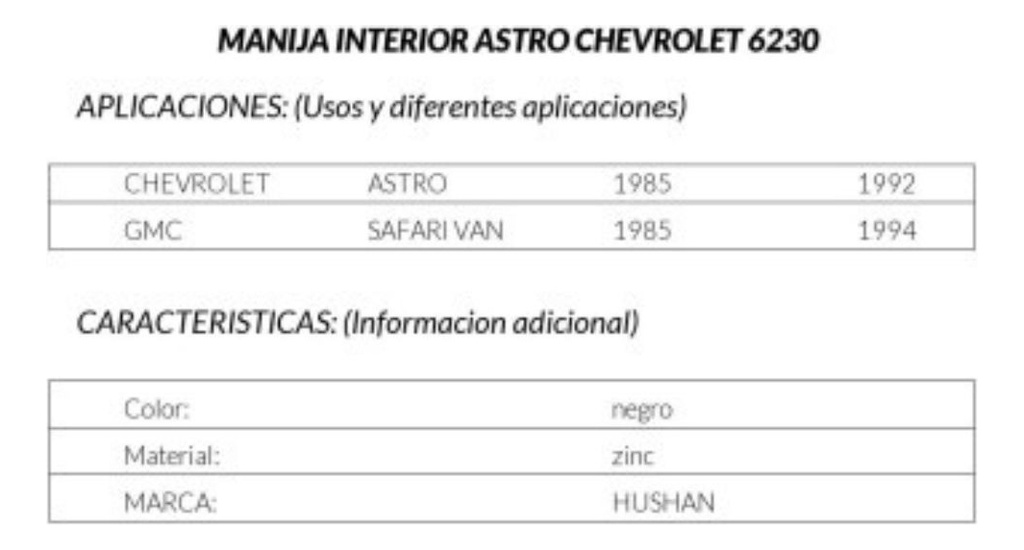 Manija Interior Der Delan Cv Astro 85-92 Gm Safari Van 85-94