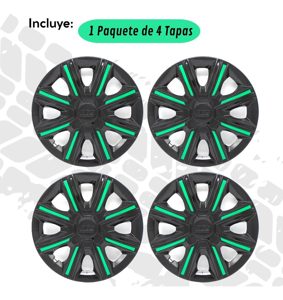 Tapon Polvera Rin 15 Abs Sport Tuning Negro-verde 4 Piezas