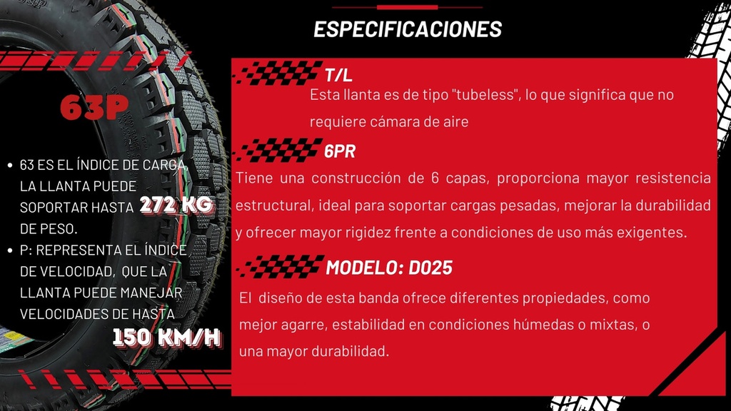 LLANTA MOTO 120/90-16 6PR T/L D025