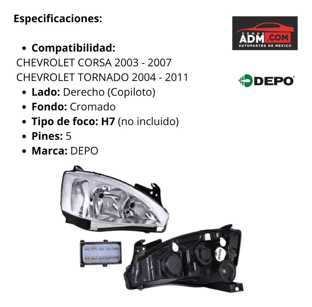 FARO CV CORSA 03-07 LINEA ANTERIOR 5 PUERTAS FONDO CROMADO P/FOCO H7 5 PINES S/FOCO DEPO IZQ