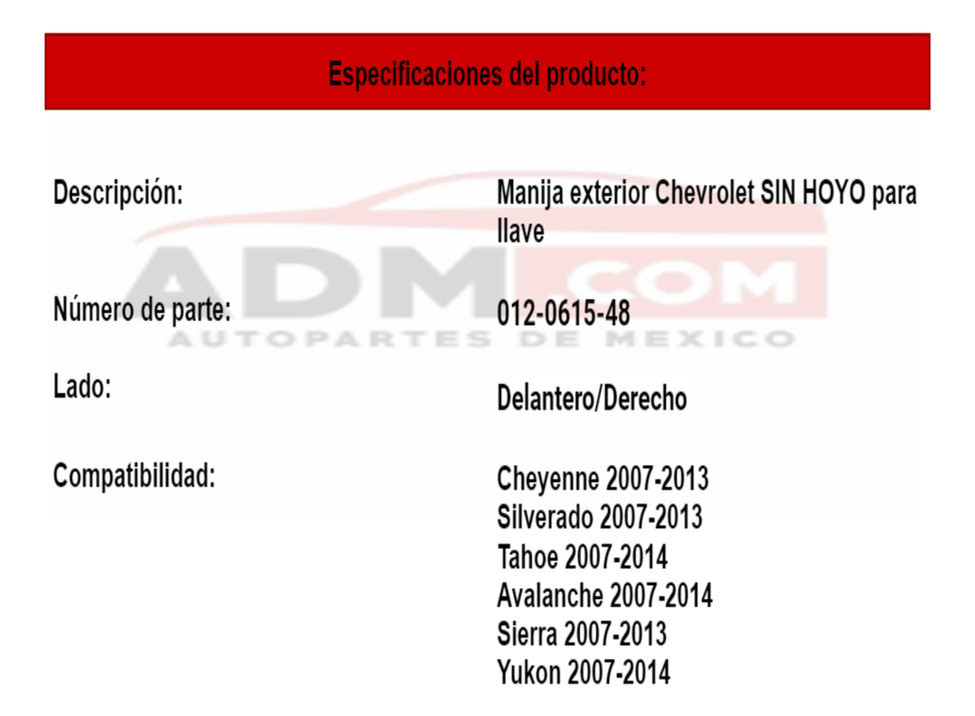 MANIJA EXTERIOR CV CHEYENNE/SILVERADO 07-13/SUBURBAN/TAHOE 07-14/AVALANCHE  GM SIERRA 07-13/YUKON 07-14  CV PICK UP 07-13  SIN HOYO PARA LLAVE CORRUGADA NEGRA PLASTICO HUSHAN Derecho Delantera  