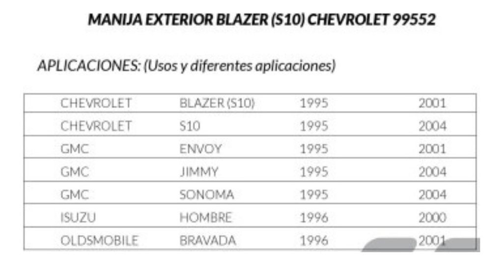 MANIJA EXTERIOR CV S10 95-04/BLAZER (S10) 95-01  GM SONOMA/JIMMY 95-04/ENVOY 95-01  OD BRAVADA 96-01  IZ HOMBRE 96-00  CON HOYO PARA LLAVE LISA PARA PINTAR NEGRA ZINC HUSHAN Derecho Delantera  