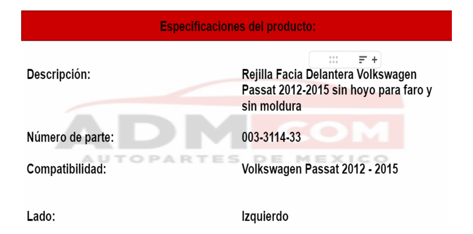 Rejilla Fascia Delantera Volkswagen Passat 2012-2015
