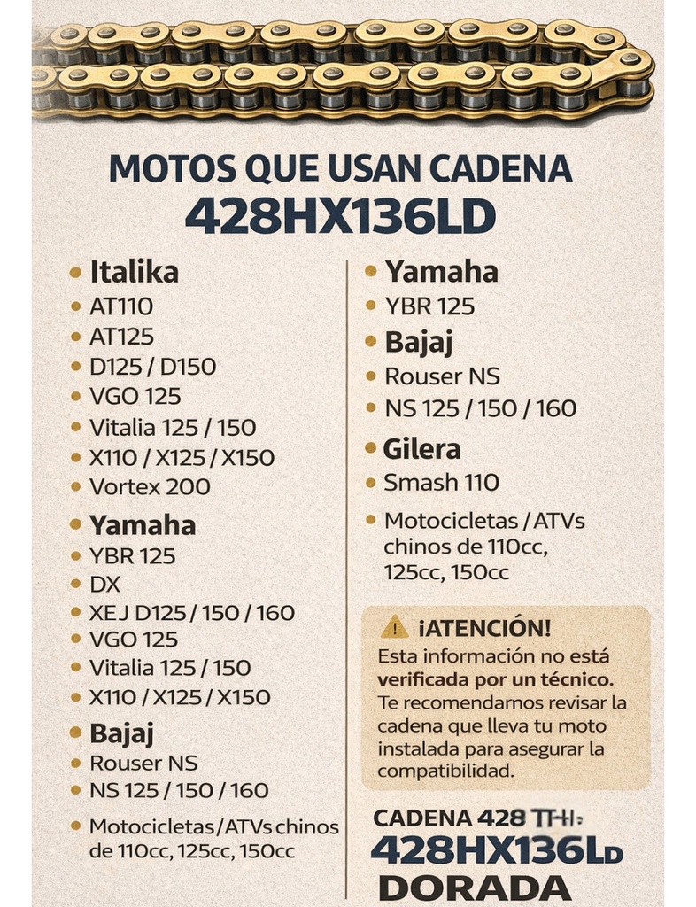 CADENA MOTO DORADA PASO 428H 136LD