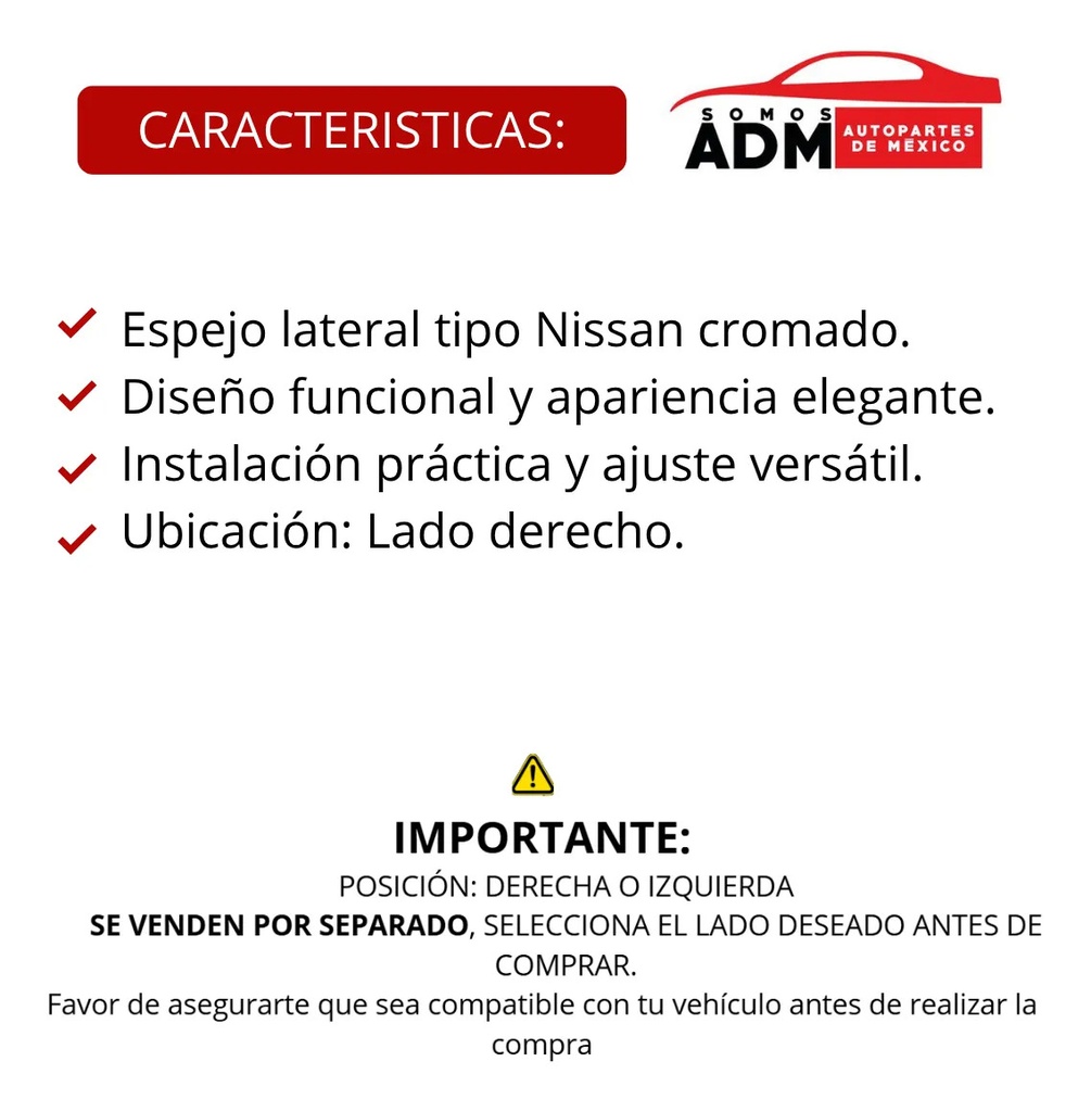 ESPEJO UNIVERSAL T/NISSAN CROMADO DER