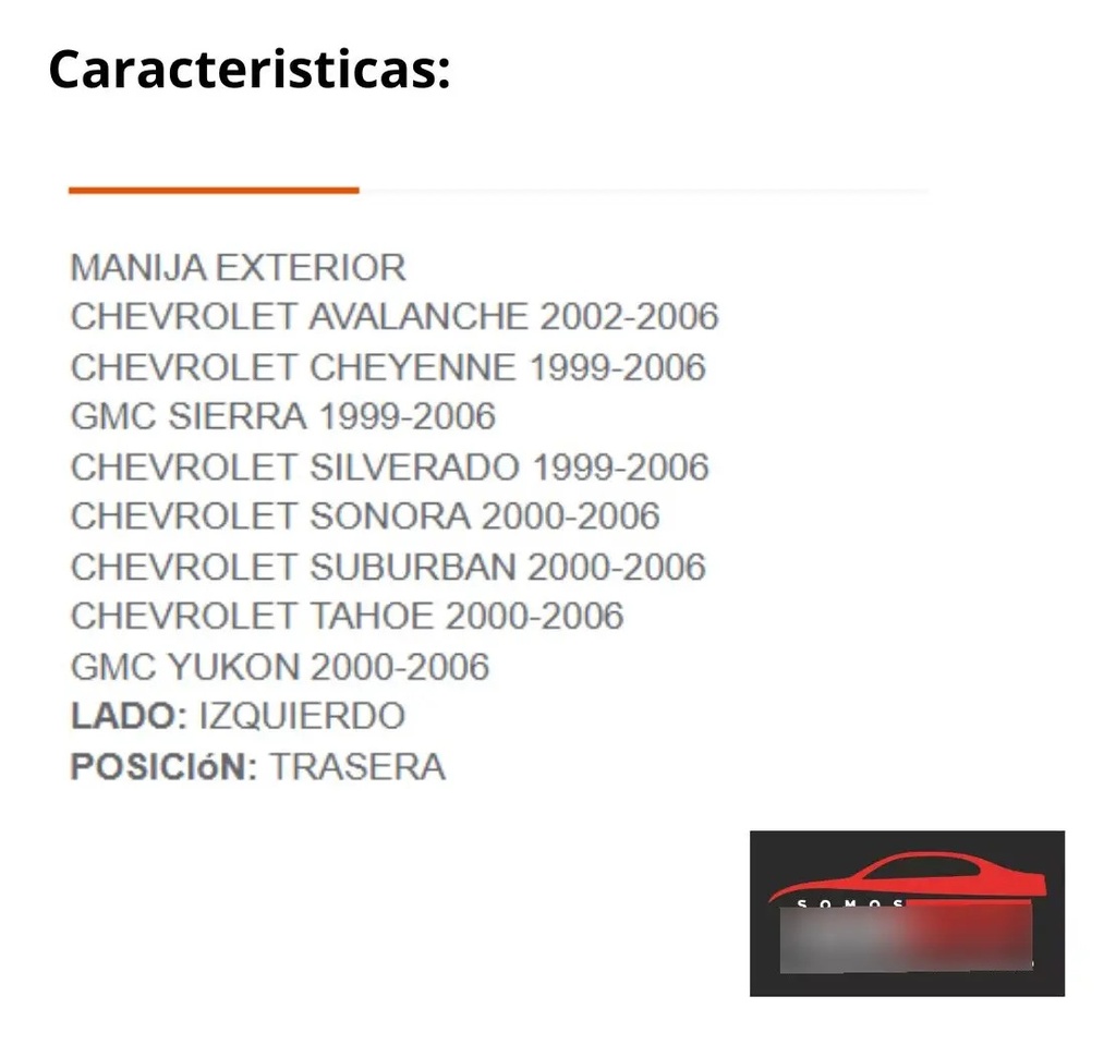 MANIJA EXTERIOR CV SILVERADO 99-06/SUBURBAN/TAHOE/SONORA 00-06/AVALANCHE 02-06  GM SIERRA 99-06/YUKON 00-06  CV CHEYENNE 99-06  CORRUGADA NEGRA PLASTICO HUSHAN Izquierdo Trasera  