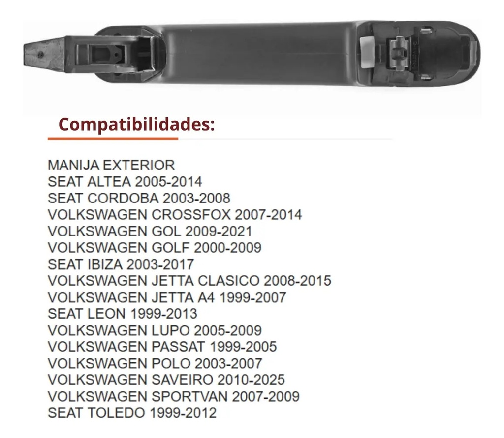 MANIJA EXTERIOR VW GOLF 00-09/JETTA A4 99-07/PASSAT 99-05/POLO 03-07/GOL 09-17/LUPO 05-09/CROSSFOX 07-14  ST IBIZA 03-17/CORDOBA 03-08/LEON 99-13/TOLEDO 99-12/ALTEA 05-14  VW SAVEIRO 10-18/SPORTVAN 07-09/JETTA CLASICO 08-15  SIN HOYO PARA LLAVE LISA PARA PINTAR NEGRA PLASTICO HUSHAN Derecho/Izquierd