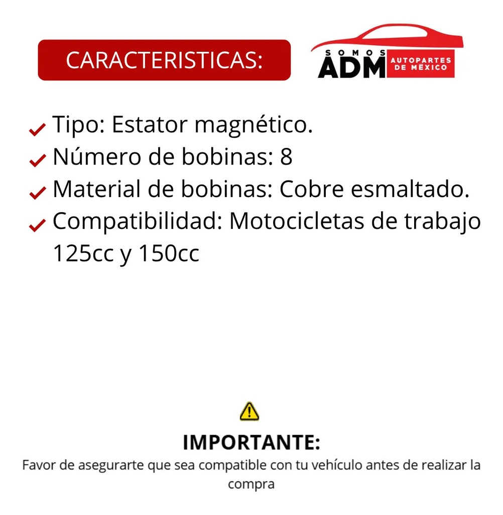 ESTATOR 8 BOBINAS MOTO TRABAJO 125CC/150CC