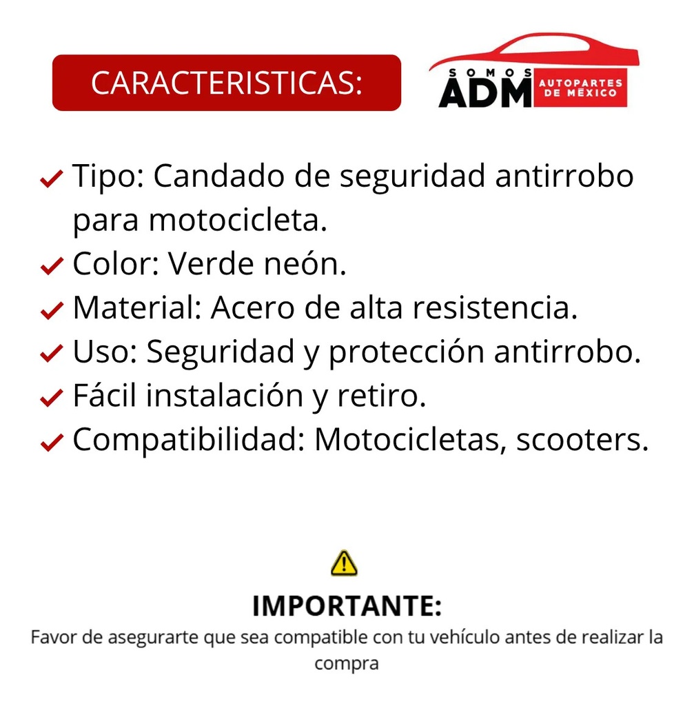 CANDADO SEGURIDAD ANTIRROBO MOTO NEON VERDE