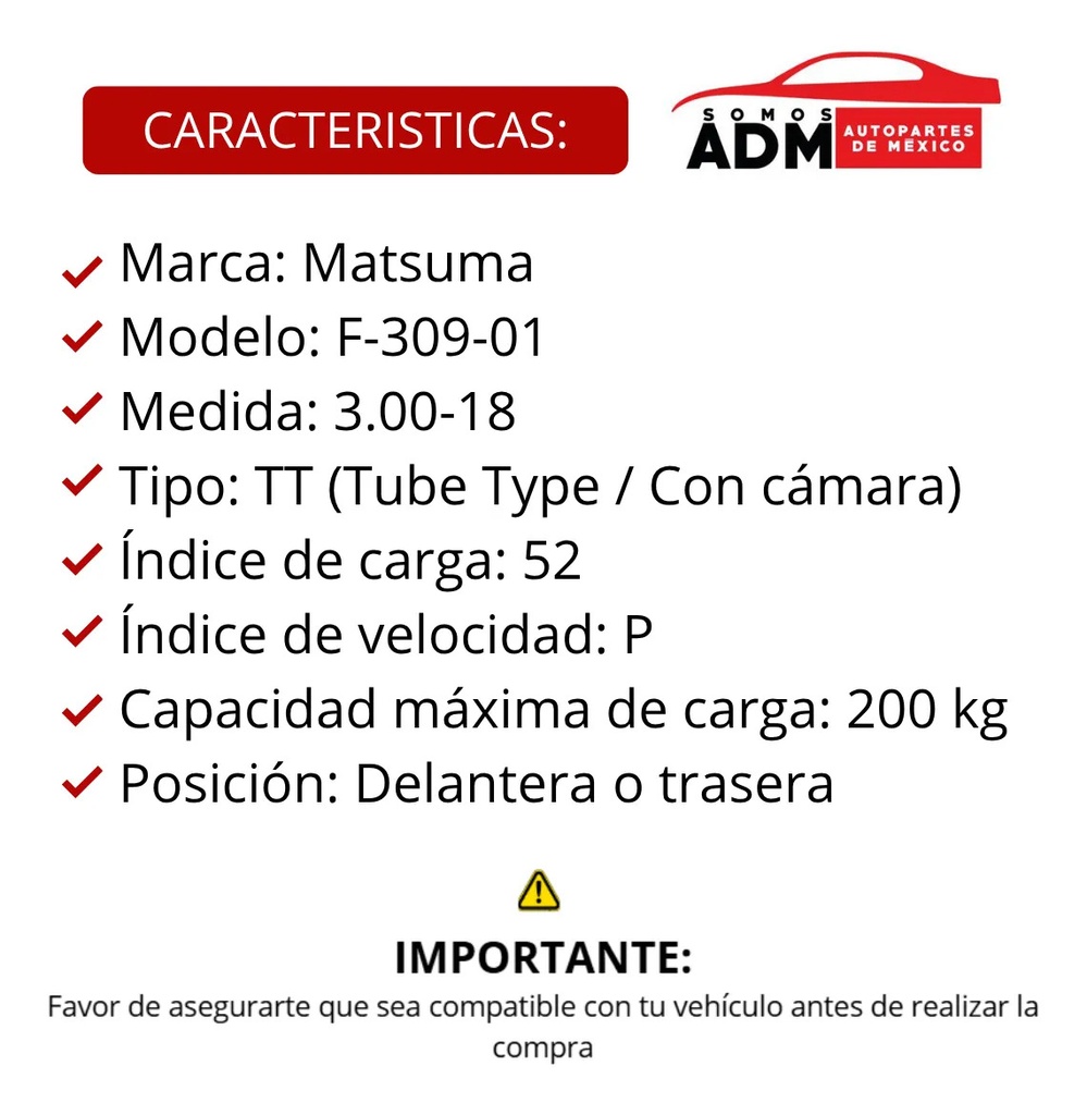 Llanta Moto Matsuma F-309-01 3.00-18 TT 200KG 52P DOT