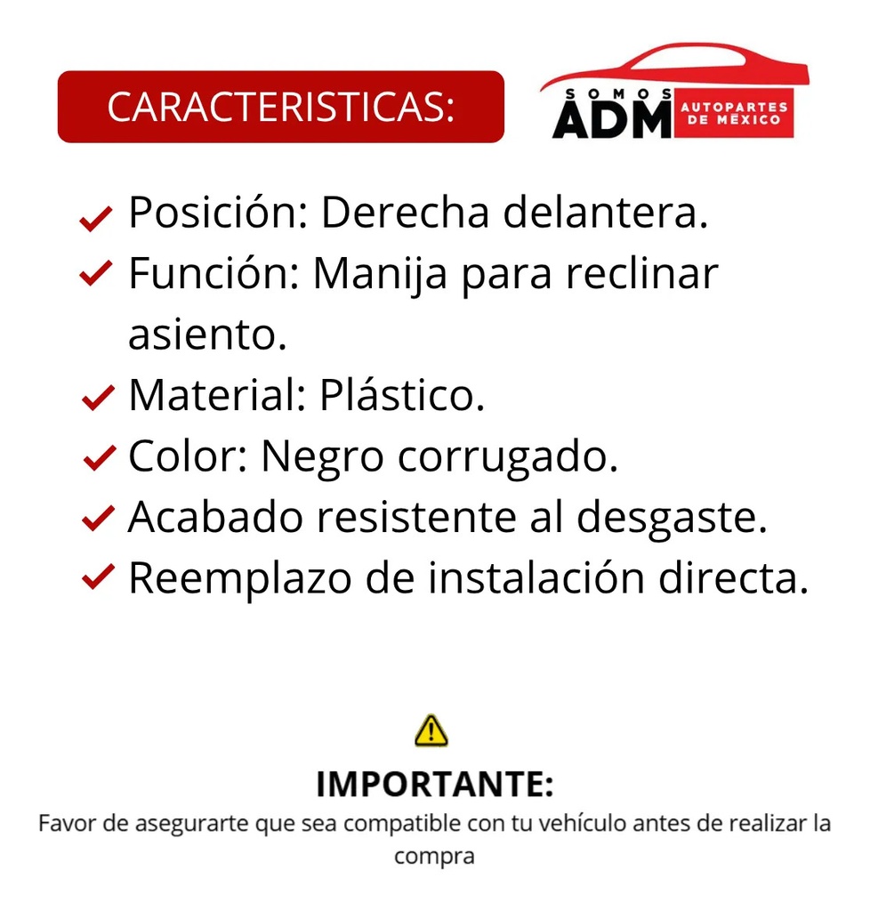 MANIJA INTERIOR CV BLAZER (S10) 95-01  GM SONOMA 94-97  OD BRAVADA 96-98  CV S10 95-04  CORRUGADA NEGRA PLASTICO PARA RECLINAR ASIENTO Derecho Delantera  