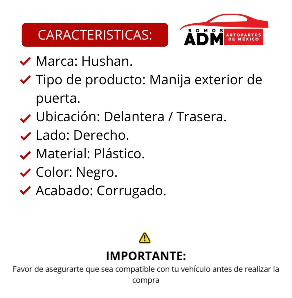 MANIJA EXTERIOR RN DUSTER 13-20/STEPWAY 10-15/SANDERO 07-15/OROCH 18-22  CORRUGADA NEGRA PLASTICO HUSHAN Derecho Delantera/Trasera  