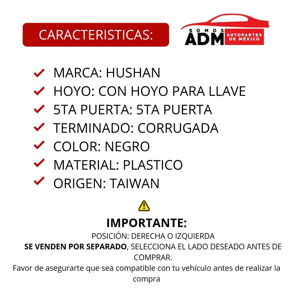 MANIJA EXTERIOR CR VOYAGER/TOWN & COUNTRY  DG CARAVAN 96-00  CON HOYO PARA LLAVE 5TA PUERTA CORRUGADA NEGRO PLASTICO HUSHAN    
