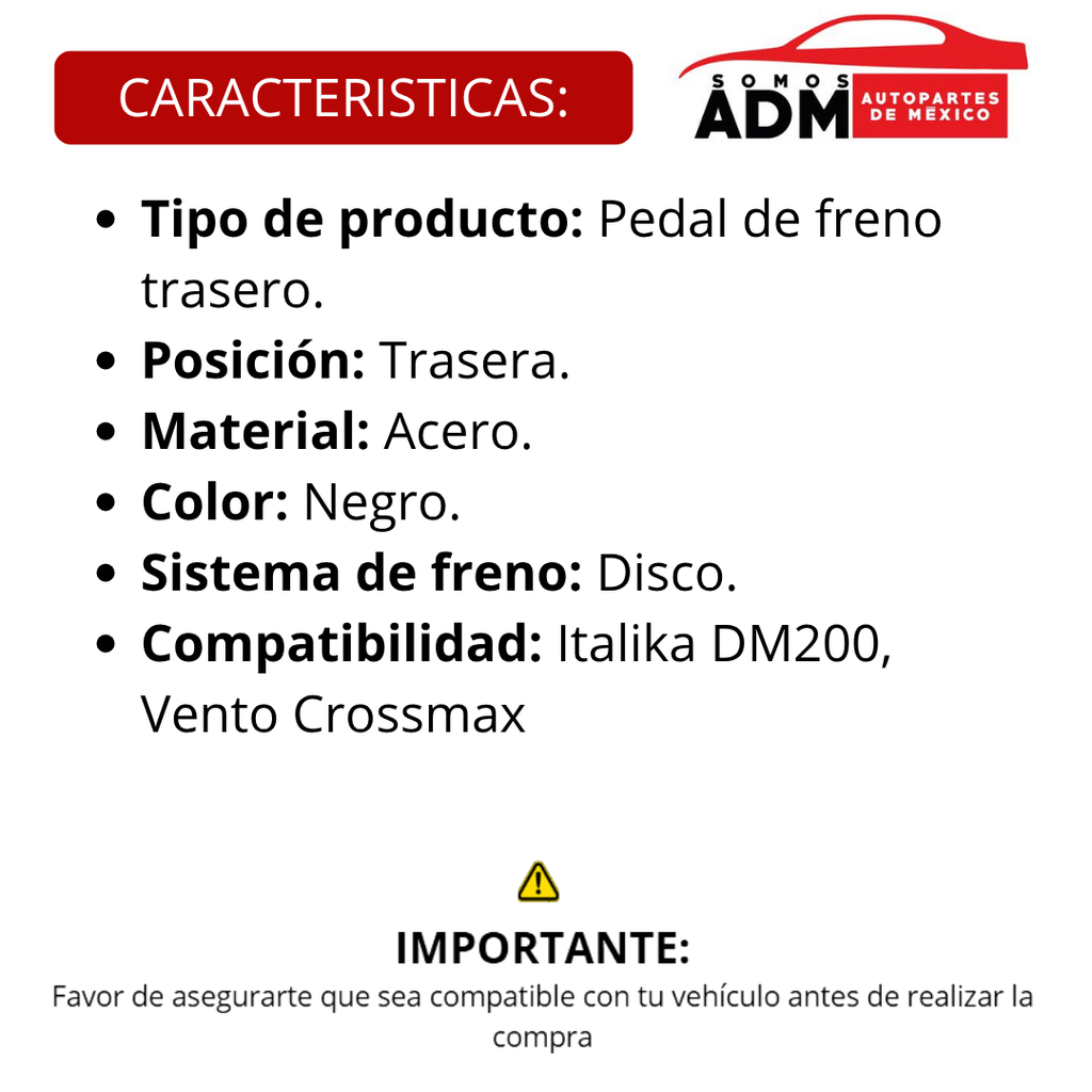 PEDAL FRENO TRASERO DM200,VENTO CROSSMAX FRENO DISCO