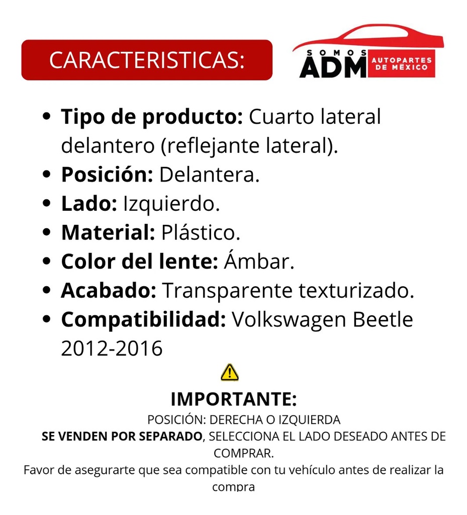 CUARTO LATERAL DELANTERO VW BEETLE 12-16 AMBAR ORIGINAL IZQ