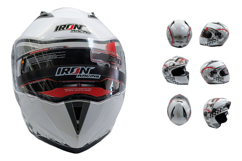 CASCO ABATIBLE RACING DOBLE MICA BLANCO CON DISEÑO IRON RACING (XXL)
