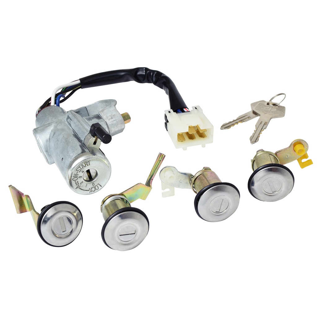 SET DE CILINDROS NS TSURU II 88-91  CON LLAVE PUERTA/ENCENDIDO/CAJUELA/GASOLINA CON CANDADO BRAZO CORTO METAL CROMO 12VCC TIPO ORIGINAL    