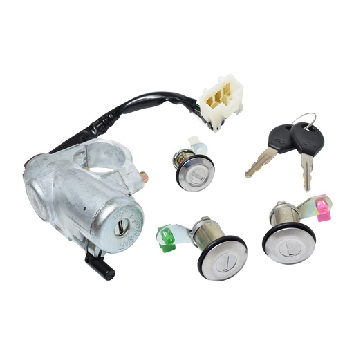 [70365] SET DE CILINDROS NS TSURU III 92-17  CON LLAVE PUERTA/CAJUELA/ENCENDIDO 5 PINS CON CANDADO METAL CROMO 12VCC MANIJAUTO    